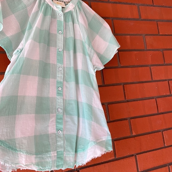 MAEVE ANTHROPOLOGIE Short Sleeve Flutter Plaid Gingham Button Front Top - Picture 6 of 8